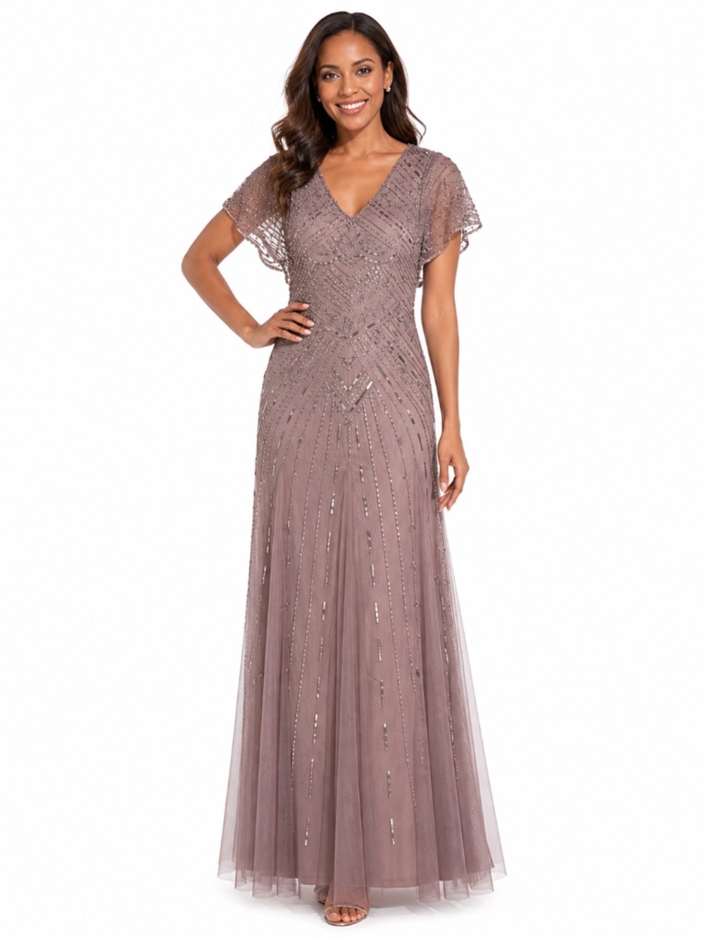 Adrianna Papell - Beaded Flutter Sleeve Gown
